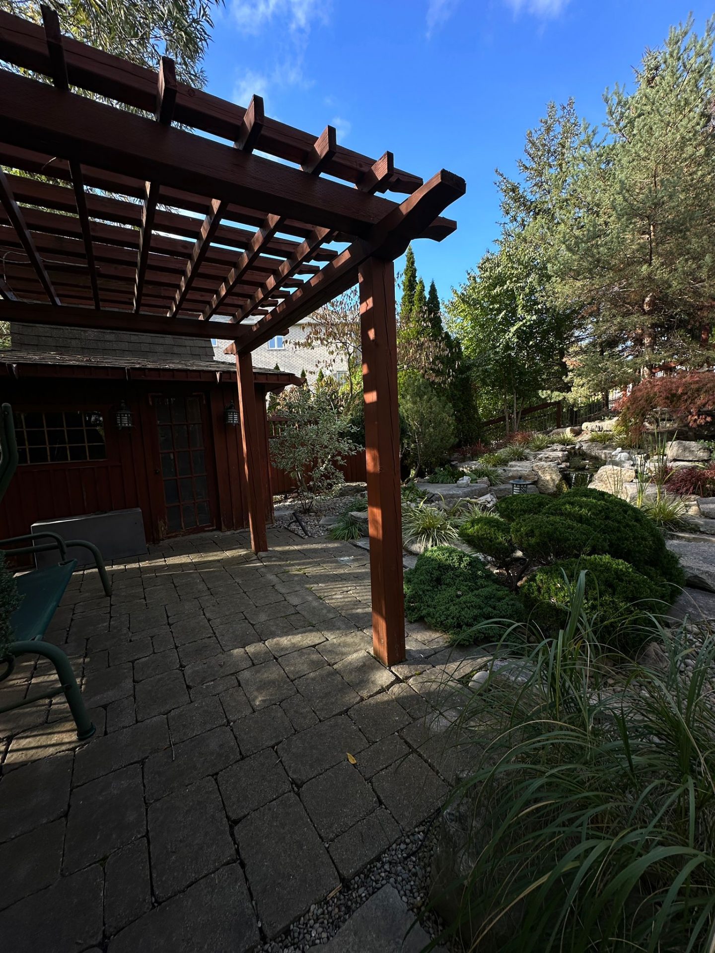 Tranquil garden with wooden pergola and stone pathway.