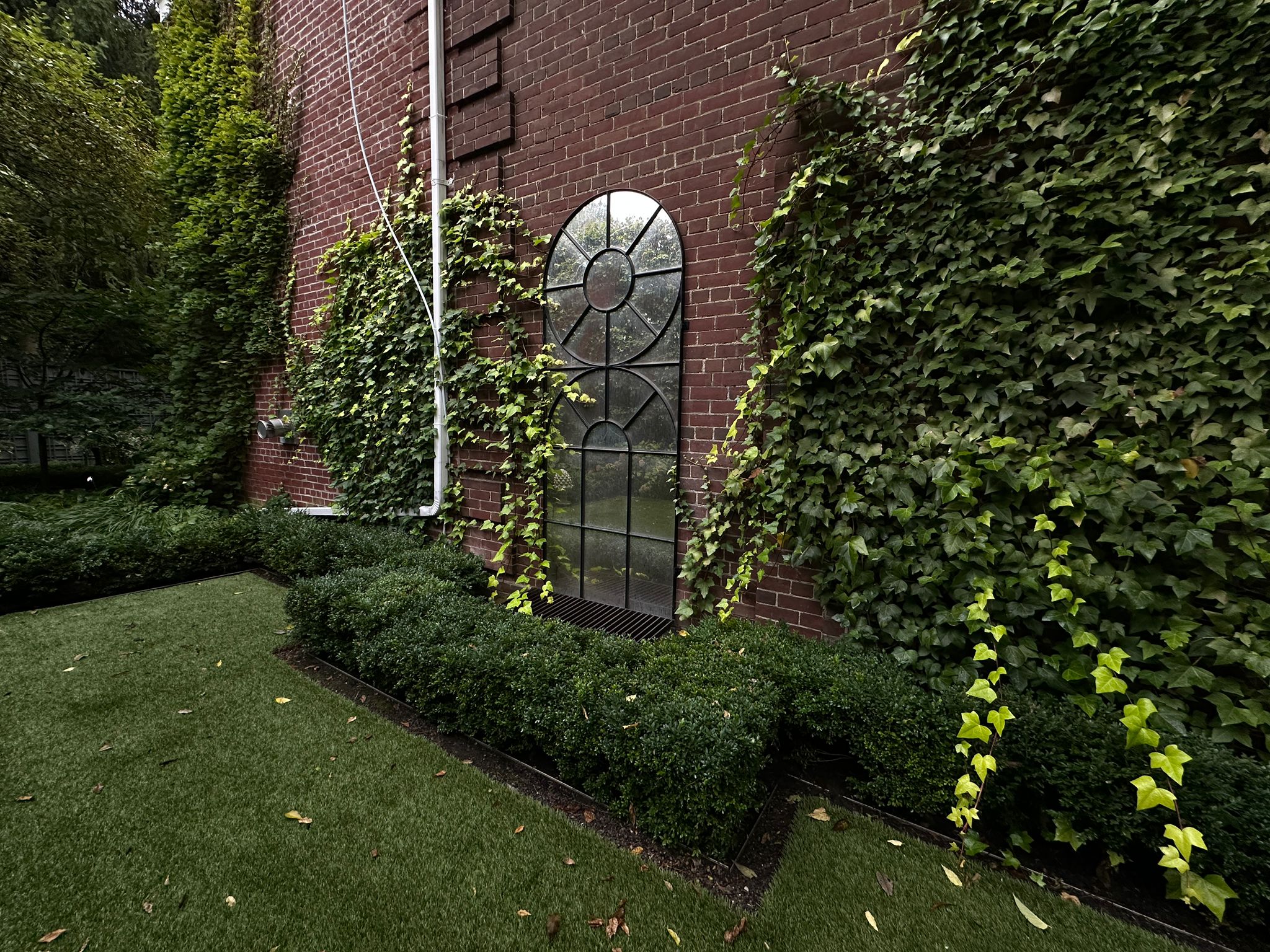 Ivy-covered brick wall with ornamental window