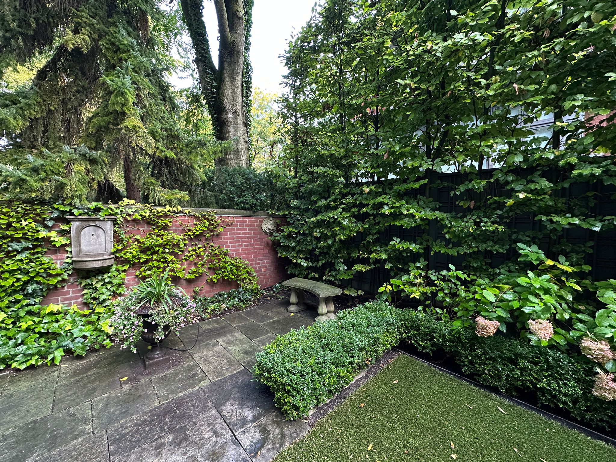 Lush garden with trees, plants, and a bench.