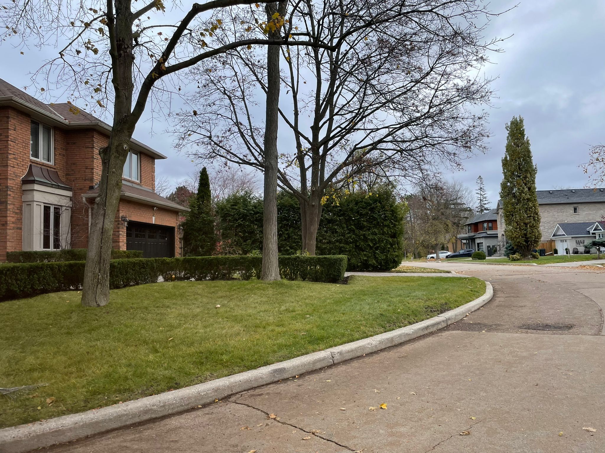 Suburban street with brick house and trees in autumn.