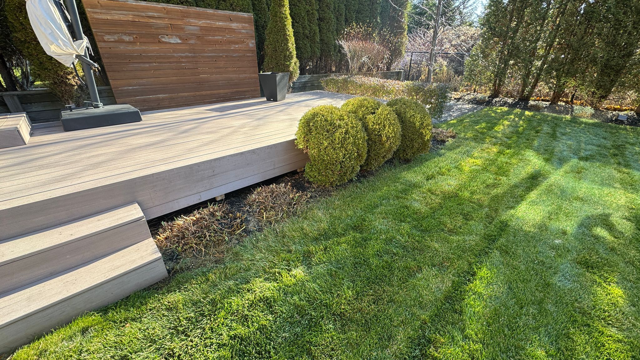 Modern patio with wooden deck and green lawn