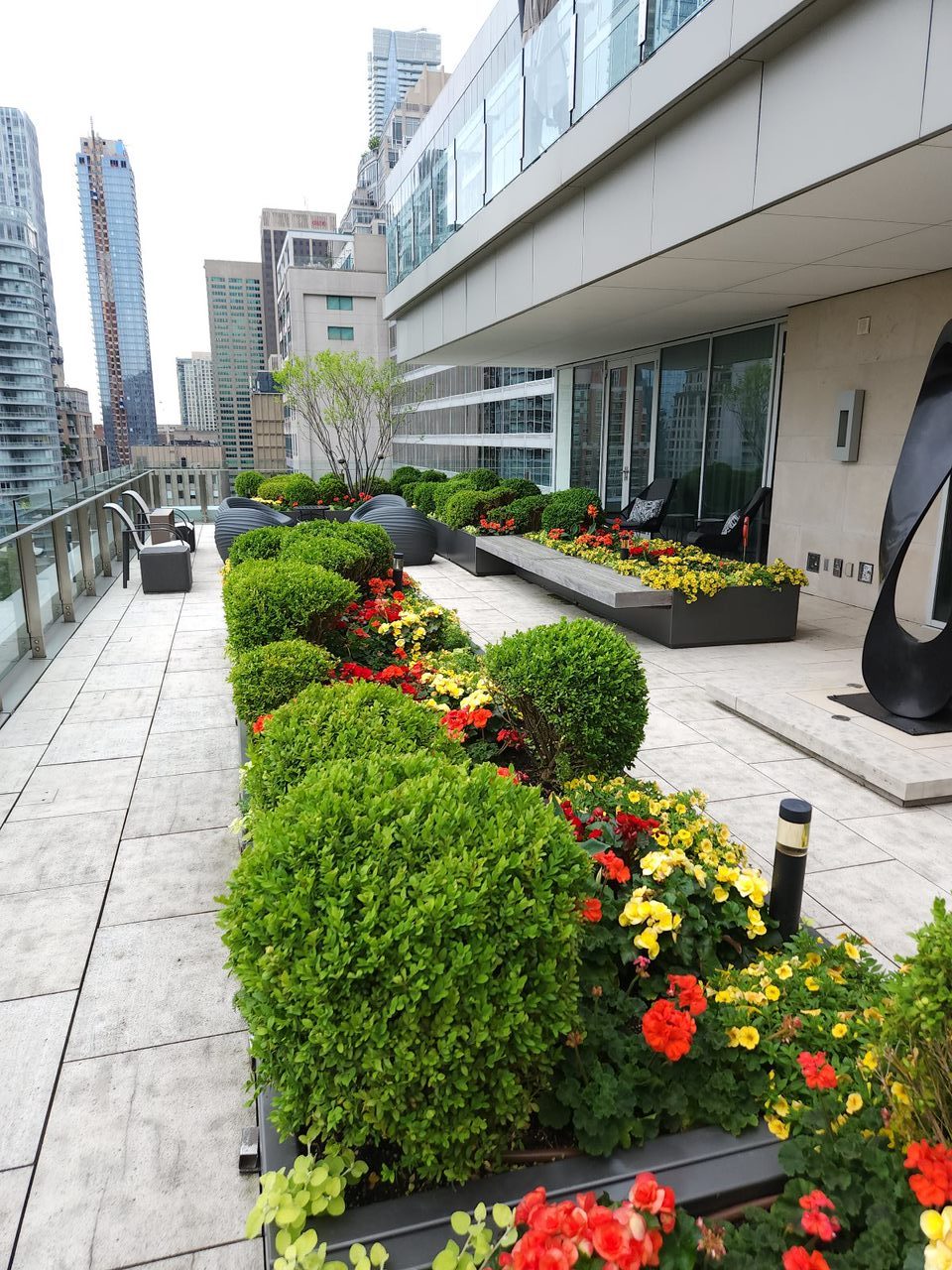 Lush rooftop garden terrace with city view