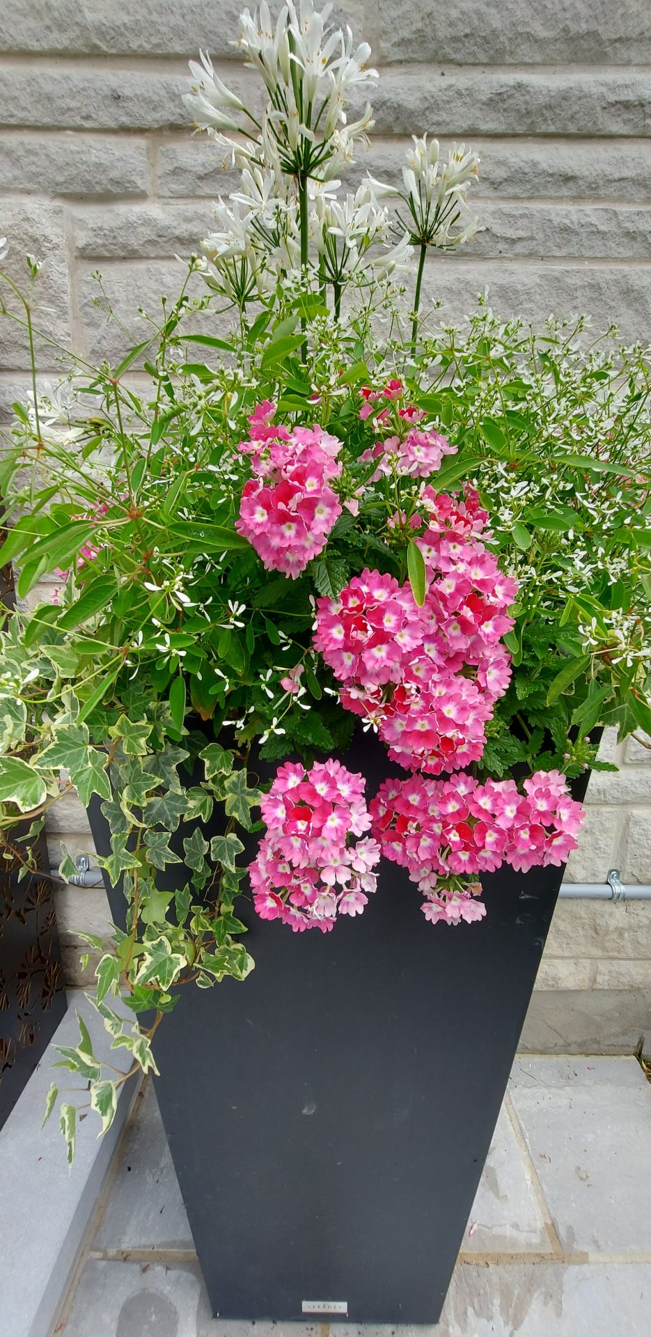 Pink and white flowers in a tall planter.